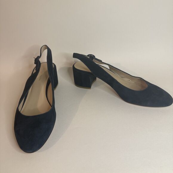 Pelle Moda Ulla women navy blue sling back pump-almond toe-block heel suede 10M - Picture 1 of 12